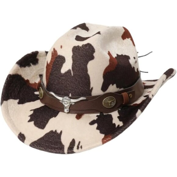 Women\'s Cow Print Cowboy Hat Felt Wide Brim Western Sun Festival Accessory main image 3